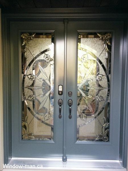 Double front exterior doors replacement.  Entry steel insulated. Full glass. Preston stained glass collection. Beveled Glass patina caming. Professional installation by contractor